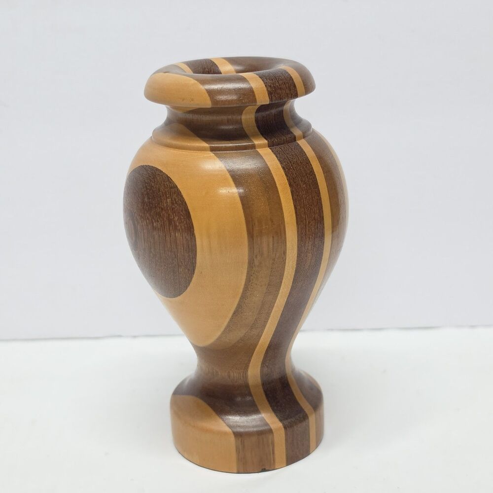 Vintage Hand Turned Wood Marquetry Bud Vase Segmented Layered Mosaic Rustic